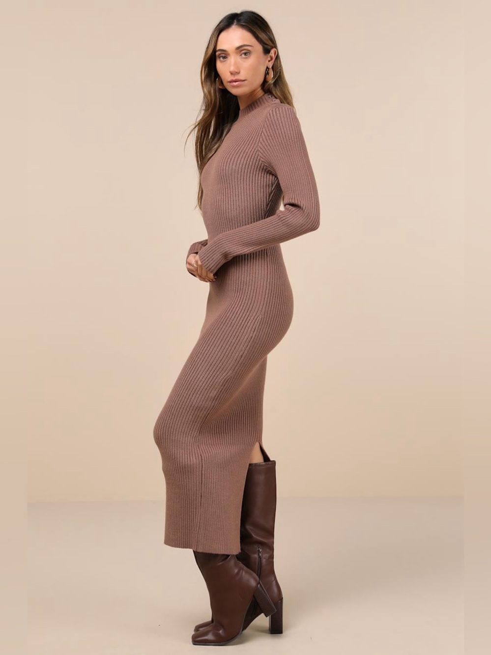 Lulus Autumnal Sensation Brown Ribbed Long Sleeve Sweater Dress XS